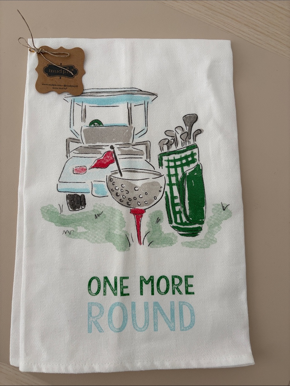 Mud Pie Golf Cart and Clubs White Tea Towel with Green and Light Blue Accents